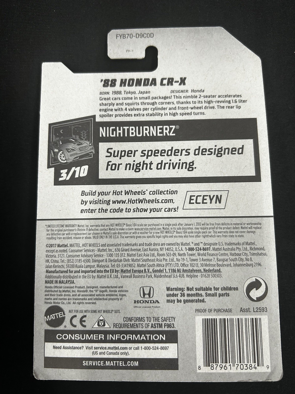 2019 Hot Wheels 88 Honda CRX, First Edition NIGHTBURNERZ NR