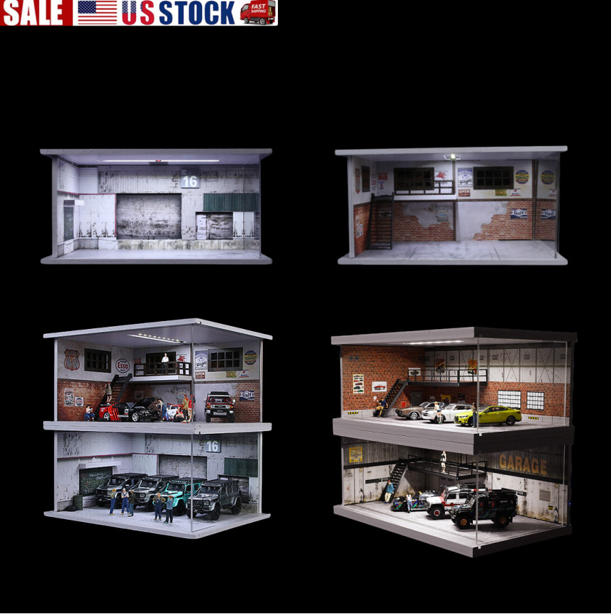 1/64 Garage Diorama Diecast Car Display Case LED Lighting Parking Lot Scene US