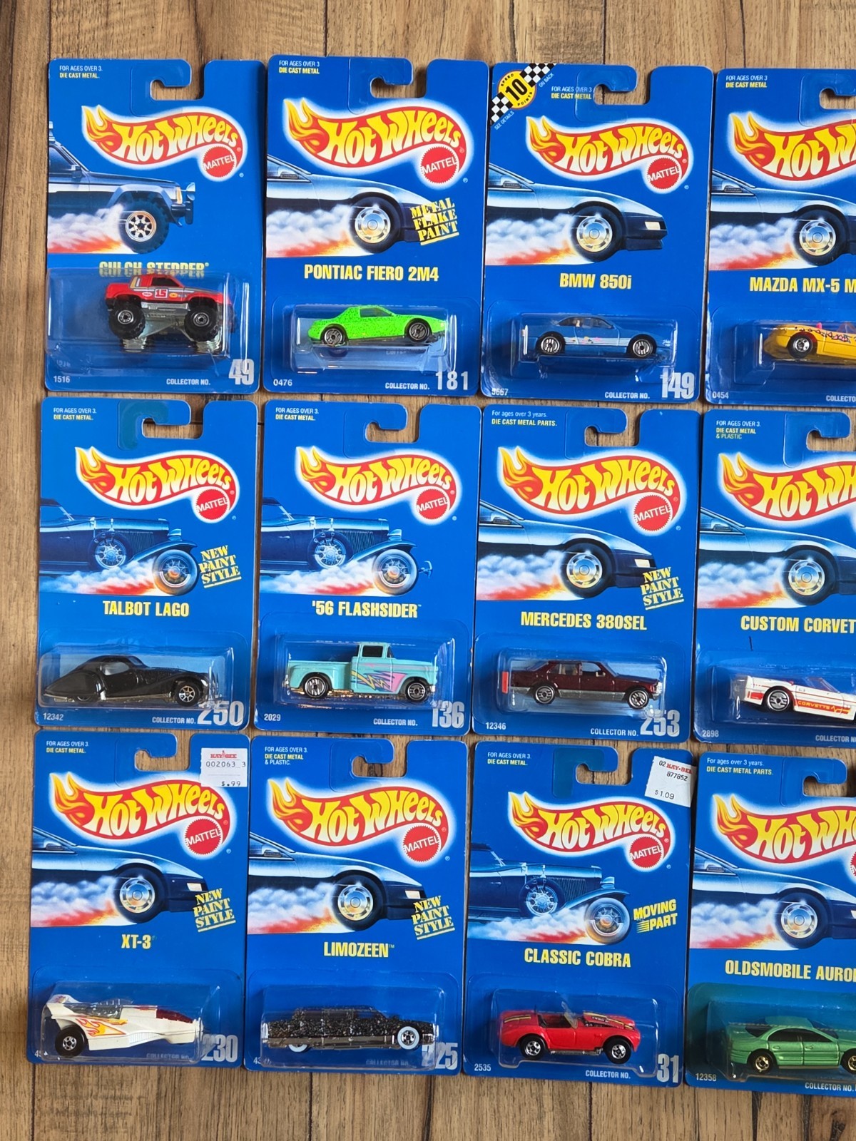 Hot Wheels Lot Of 15 Blue Cards, Pontiac, BMW, Olds, Cobra, Chevy, Mazda, 380SEL