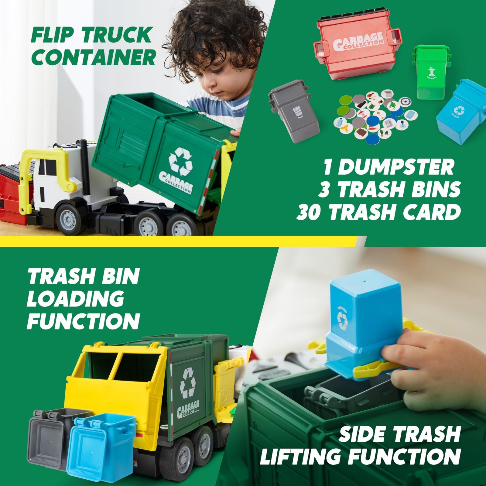 Large Friction Powered Garbage Truck Toy Set with Dumpster & Trash Bins – Kids G