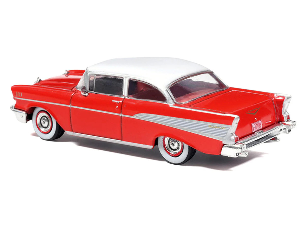 1957 Chevrolet Bel Air Red with White Top and Red Interior 1/64 Diecast Model b