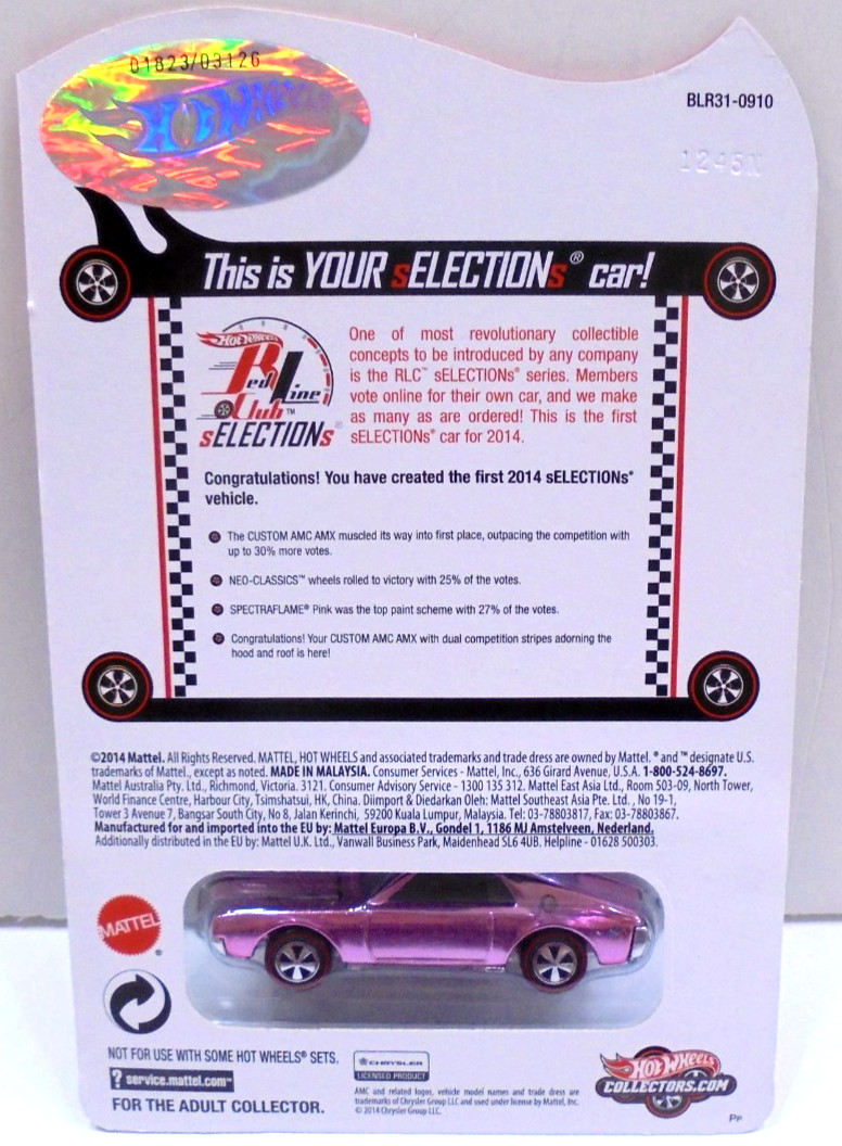 Hot Wheels Red Line Club 2014 Custom AMC AMX Pink Limited Edition 1823-3126