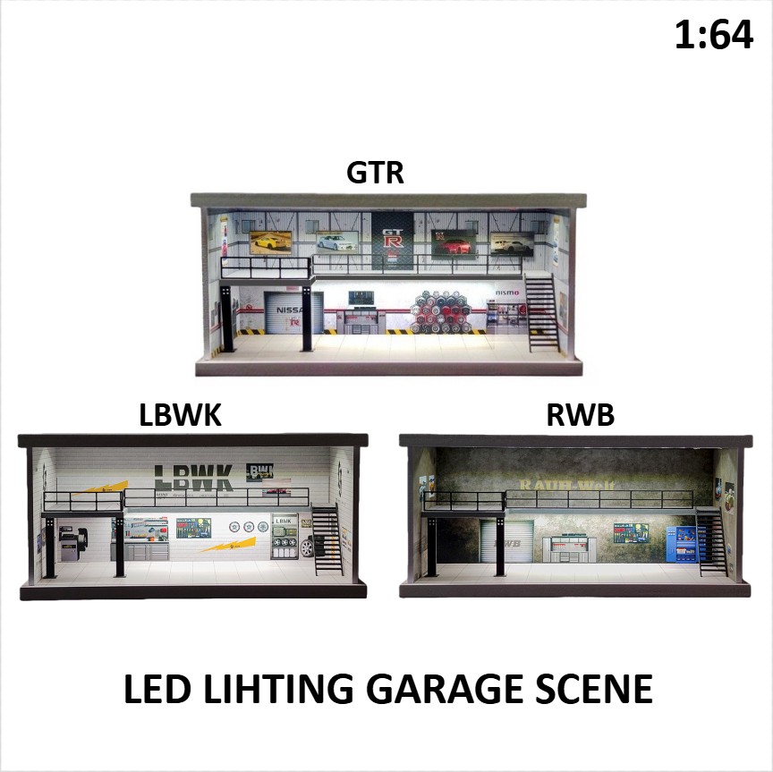 1:64 Diorama Die-Cast Car Garage Model LED Car Display Repair Workshop Scene Toy
