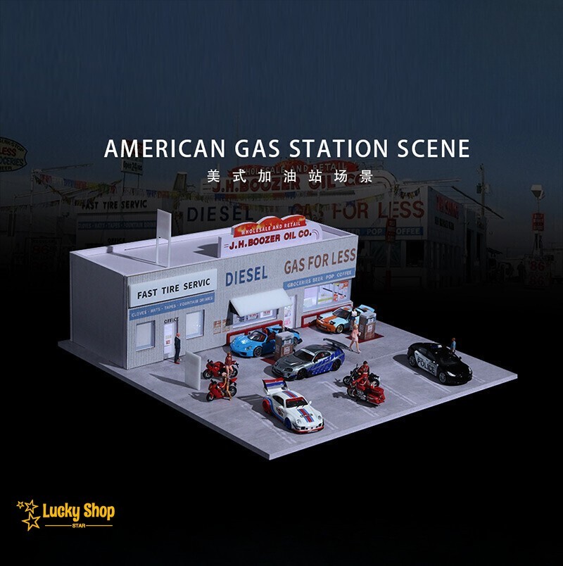 Diorama 1/64 Car Parking Lot Model LED Lights City Car Gas Station Scene Display