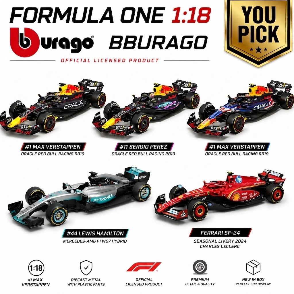 Burago 1:18 Formula One Max Verstappen Perez Hamilton Leclerc Red bull You Pick