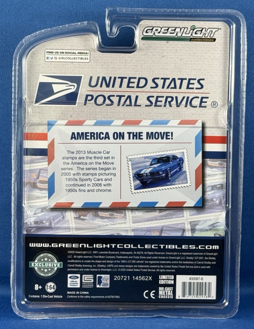 Greenlight Collectables 1967 Shelby GT500 USPS Forever Stamp Car 1/64 Scale NIB