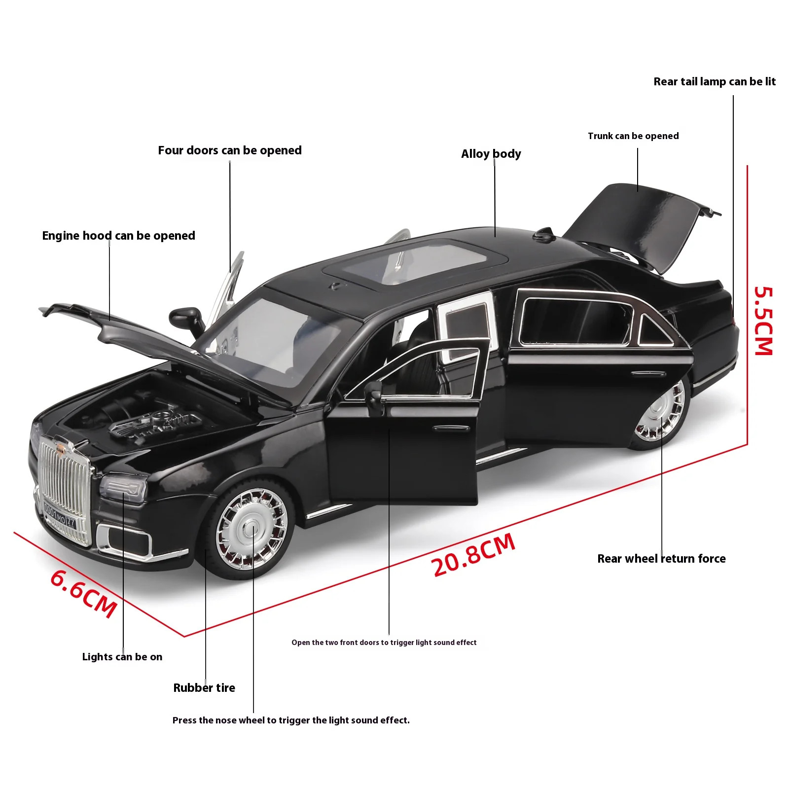 1:24 Aurus Senat Russia Limousine Alloy Diecast Car Model Sound Light Classic Co