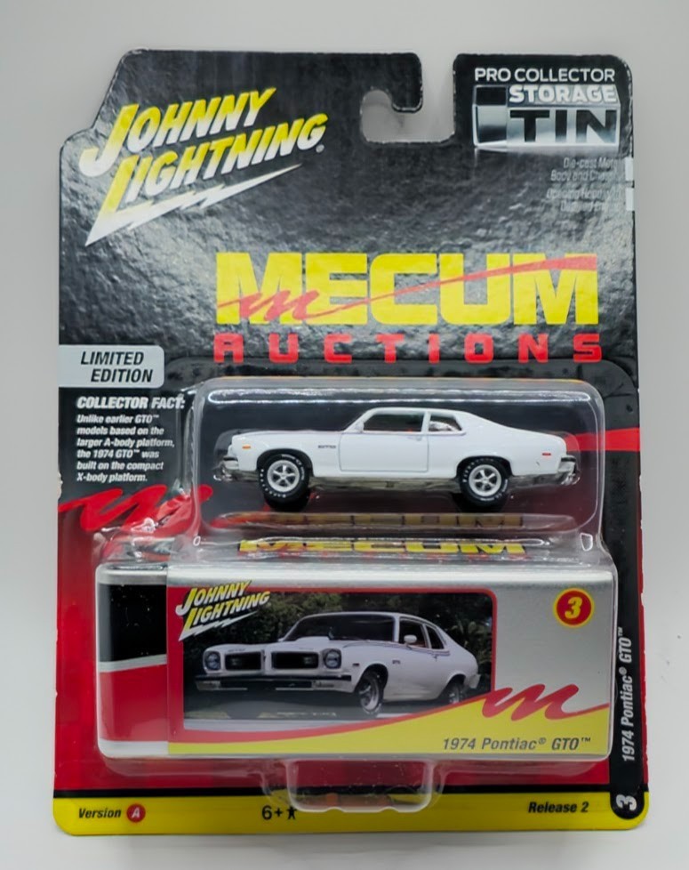 Johnny Lightning 1974 Pontiac GTO White Mecum Collector Tin JLCT015-A3
