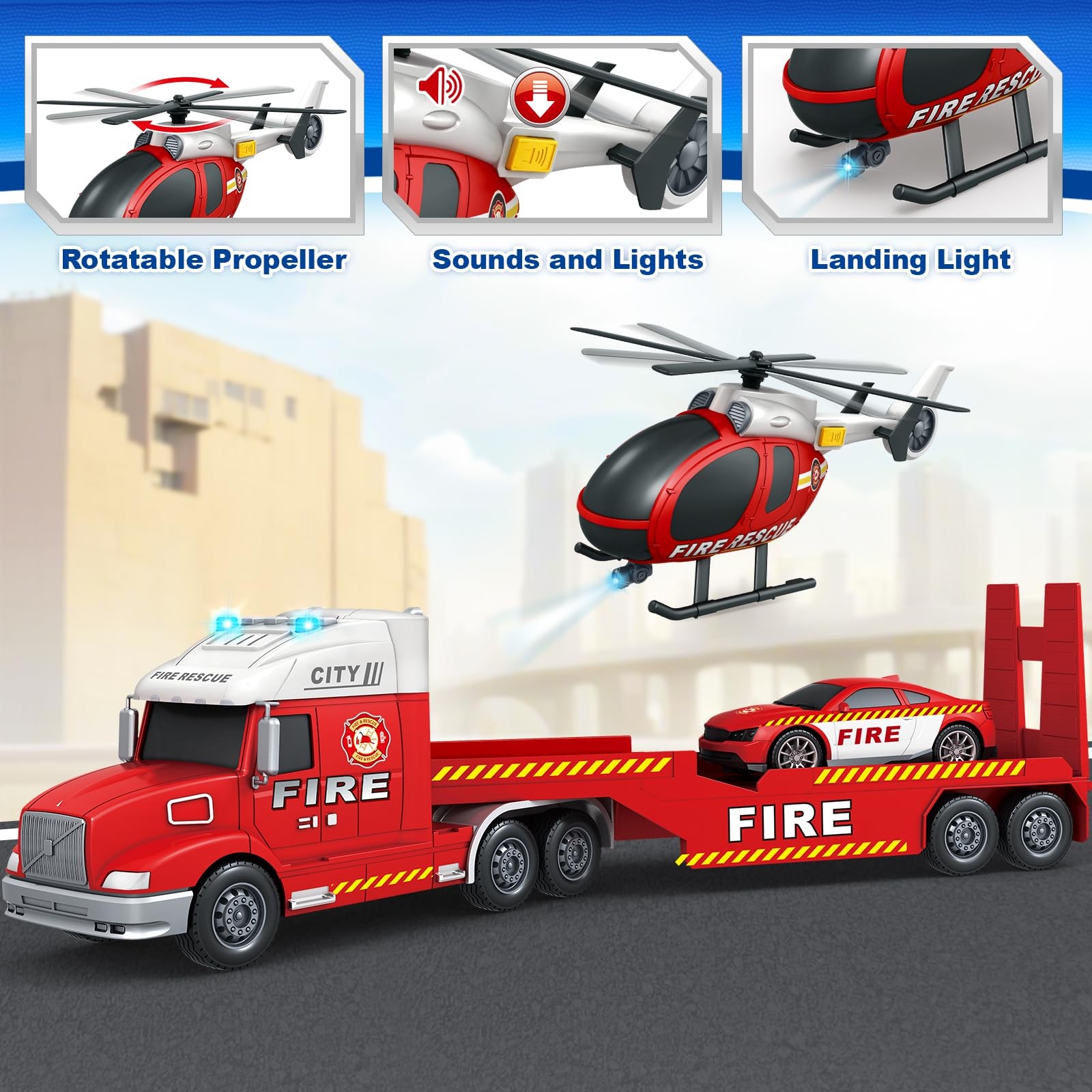 Boys Toys, 3 4 5 Large Fire Truck Toys with Lights Sounds, Truck Car with Rac…