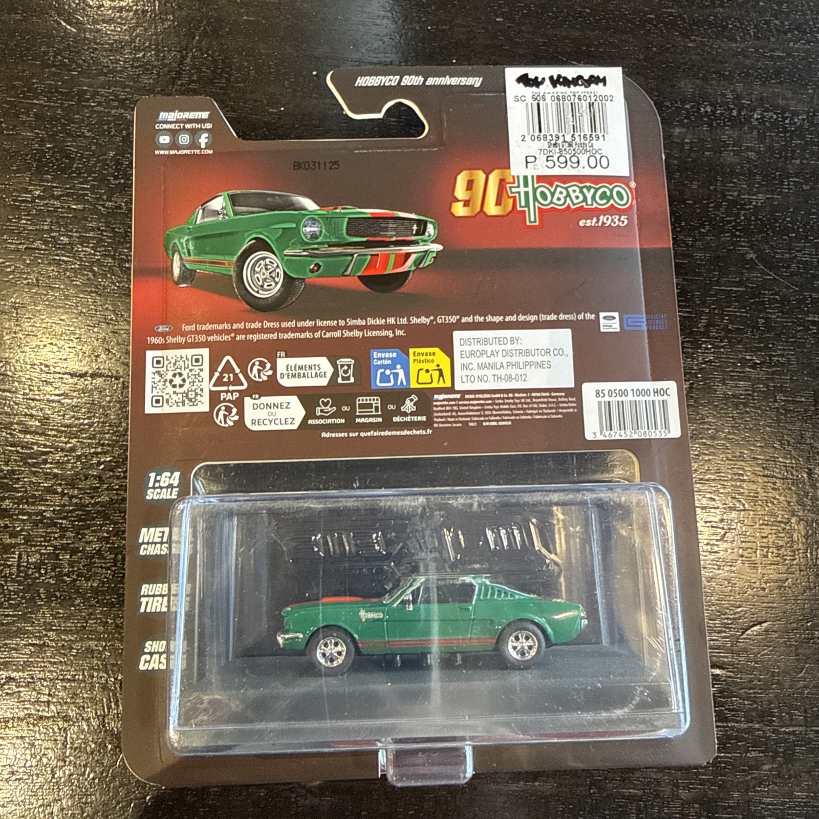 Majorette 1965 Shelby GT350 Hobbyco 90th Anniversary Edition Green 1:64 Case