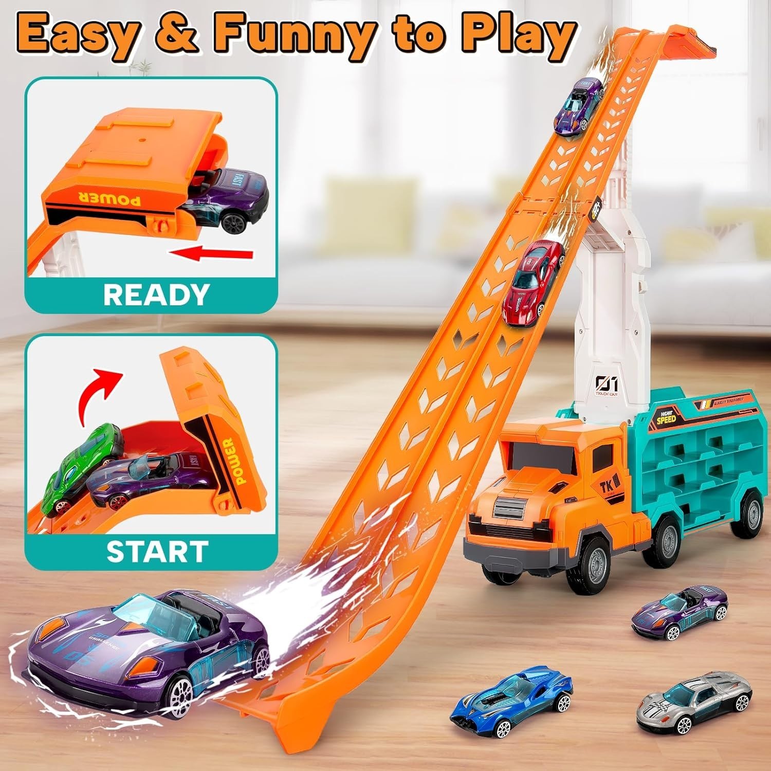 Carrier Truck Toys Race Track Transport Cars 2.8 Ft 6 Die-Cast Cars for Kids