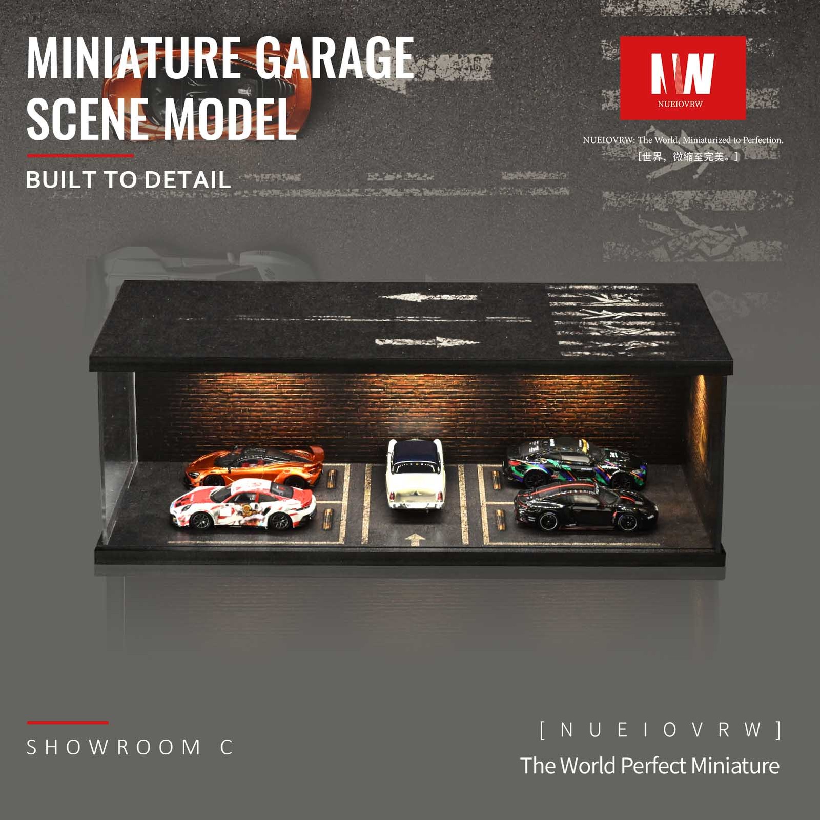 US Diorama 1/64 Diecast Garage Model LED Lighting Parking Car Display Case Model