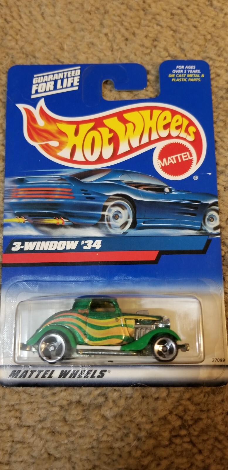 2000 Hot Wheels 3-Window ’34 Hot Rod #132 Metallic Green 3 Spoke Rims NIP