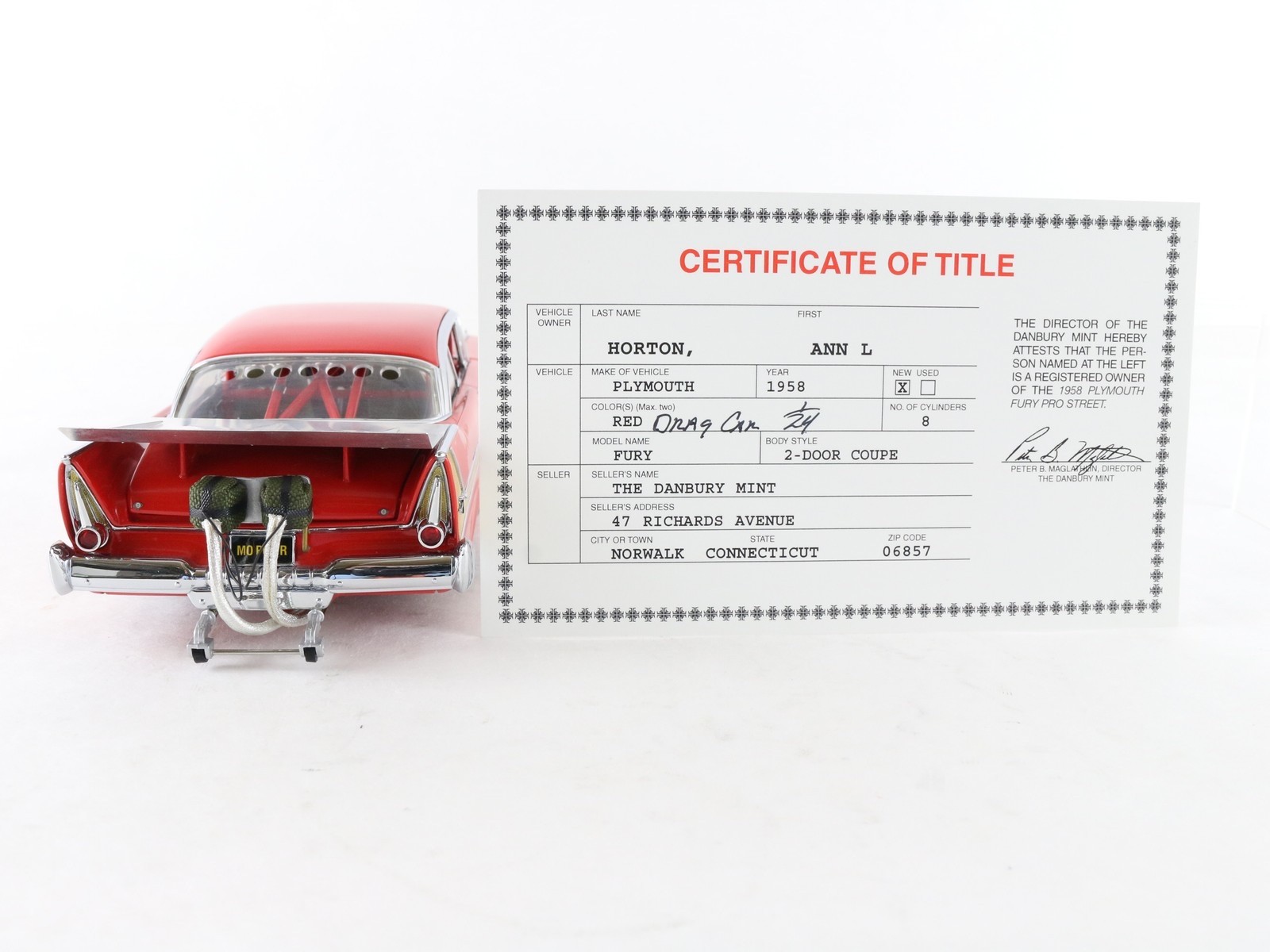 1958 Plymouth Fury Pro Street Red Dragster Danbury Mint 1:24 Model Car