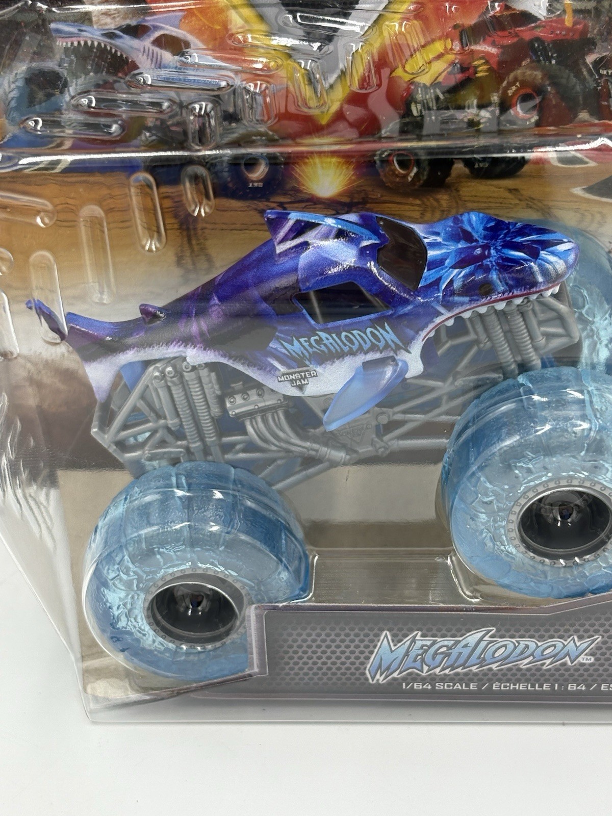 New Design Monster Jam Megalodon with clear blue tires 1:64 Scale