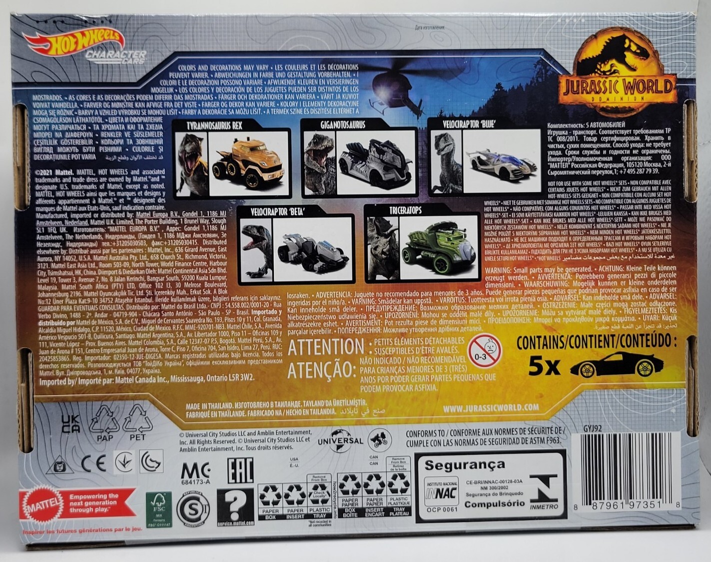 Hot Wheels Jurassic World Dominion 2022 Dinosaur Character Car 5 Pack Box Set