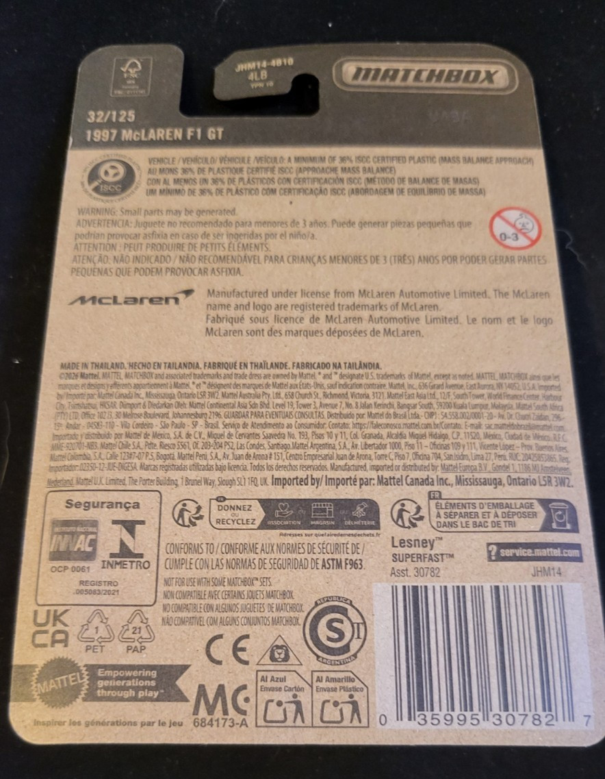 2026 Matchbox 32/125 1997 McLAREN F1 GT Green 1st Edition Near Mint
