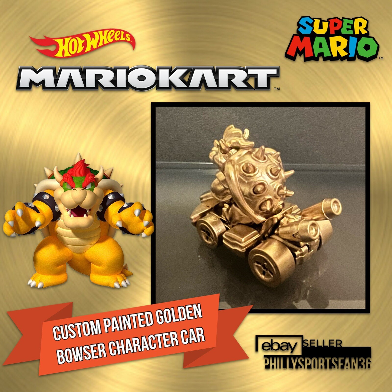 BOWSER STANDARD KART Hot Wheels Mario Kart 2022 TOTY Mattel Custom GOLD PAINTED