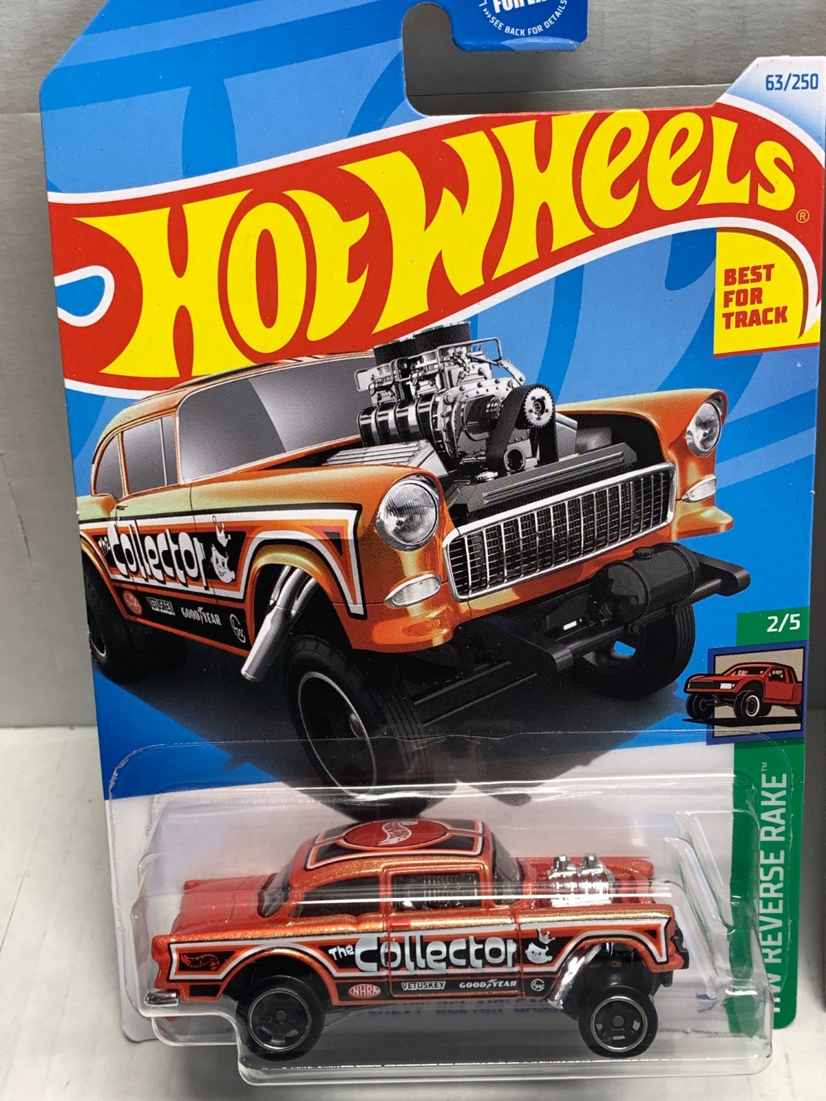 HOT WHEELS 55 CHEVY BEL AIR GASSER X2. 2020 WHITE & 2024 ORANGE.ON CARD