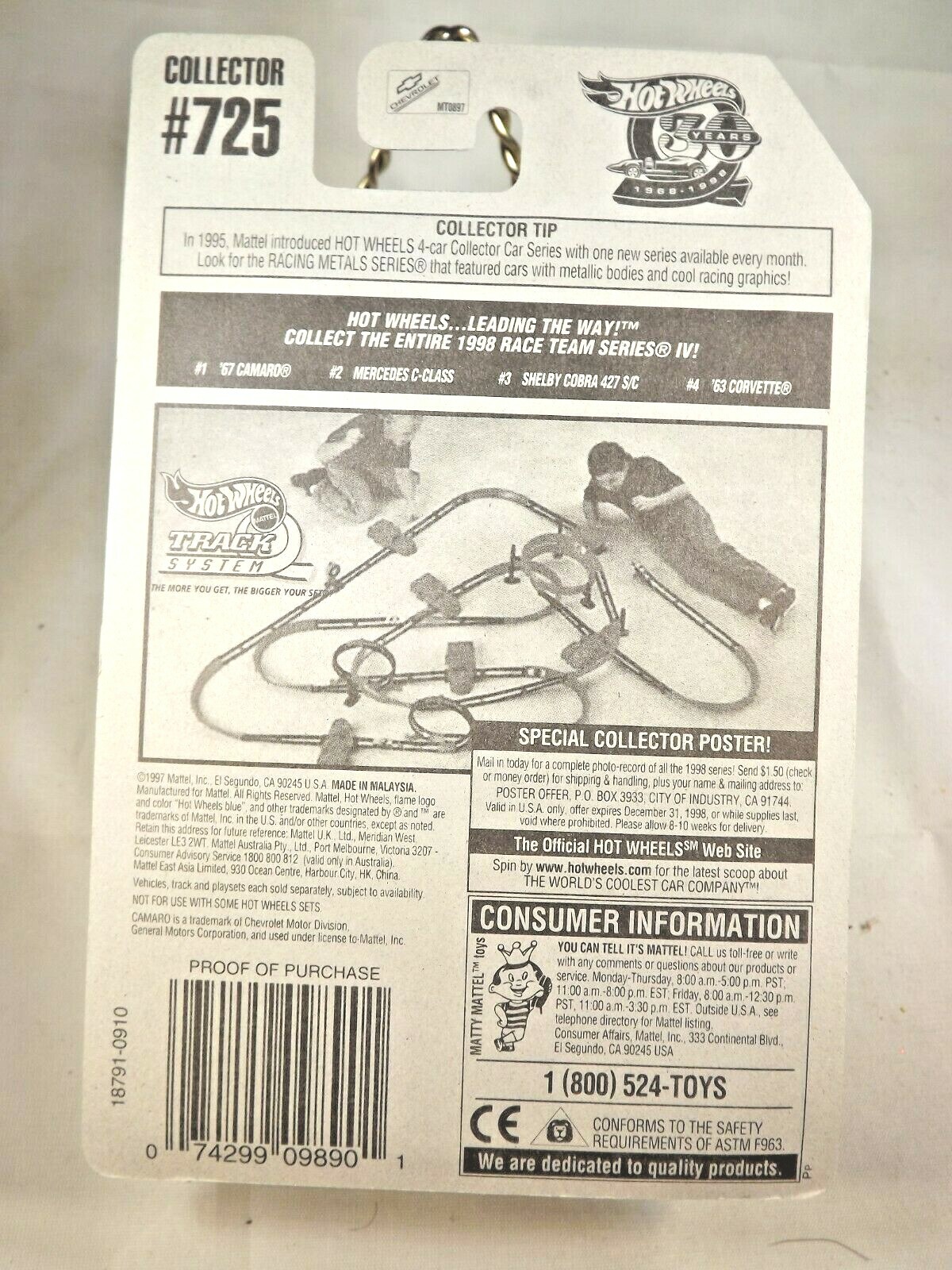 1998 Hot Wheels #725 Race Team Series IV 1/4 ’67 CAMARO Blue w/5Sp Malaysia Base