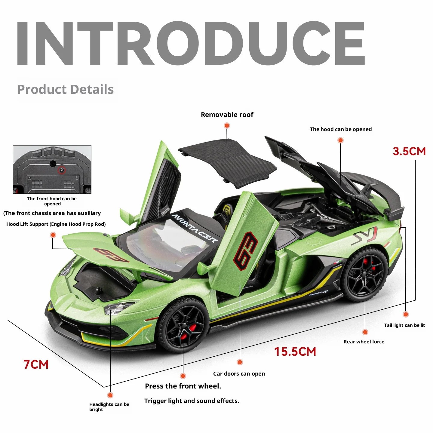 1/32 Lamborghini SVJ63 Alloy Diecast Sports Car Model Sound and Light Pull Back