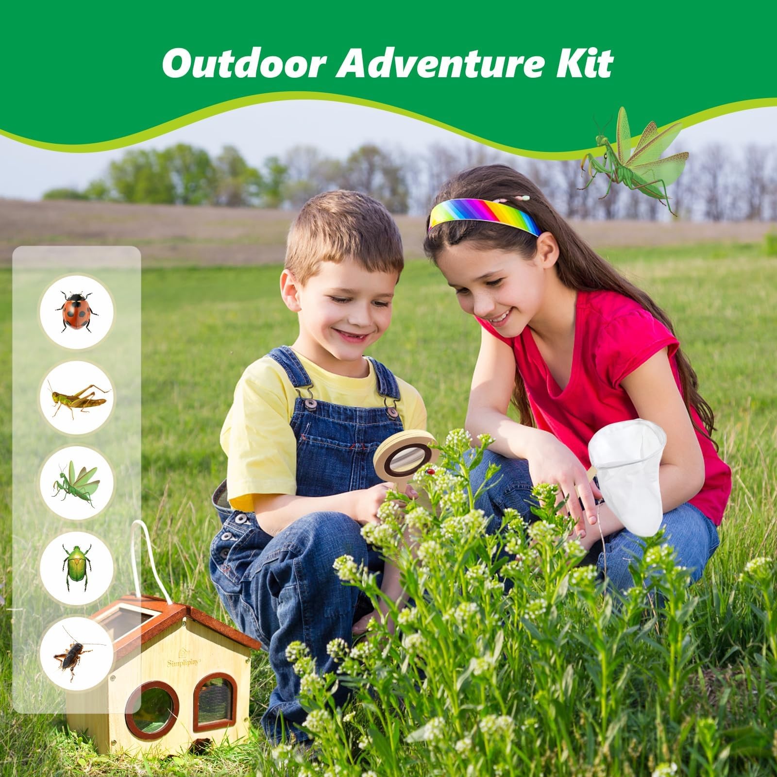 Kids Bug Catching Kit, 6-in-1 Nature Discovery Kit with Breathable Wooden Cri…