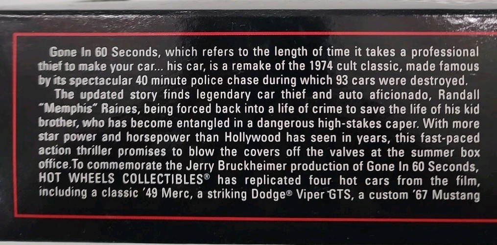 Hot Wheels 1999 “Gone In Sixty Seconds” , ’49 Merc, Viper, ’67 Mustang, Truck