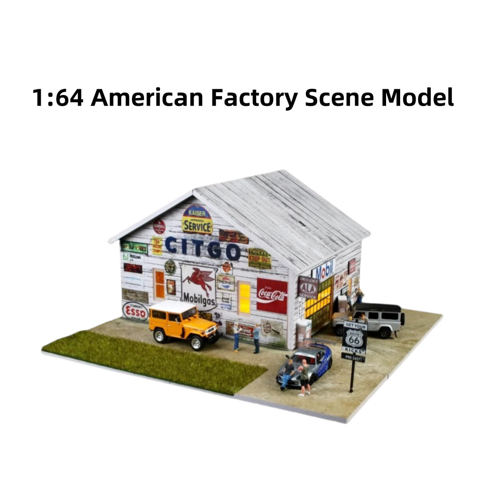 1/64 Diorama Car Garage Model LED Repair Factory Parking Lot Scene Display Model