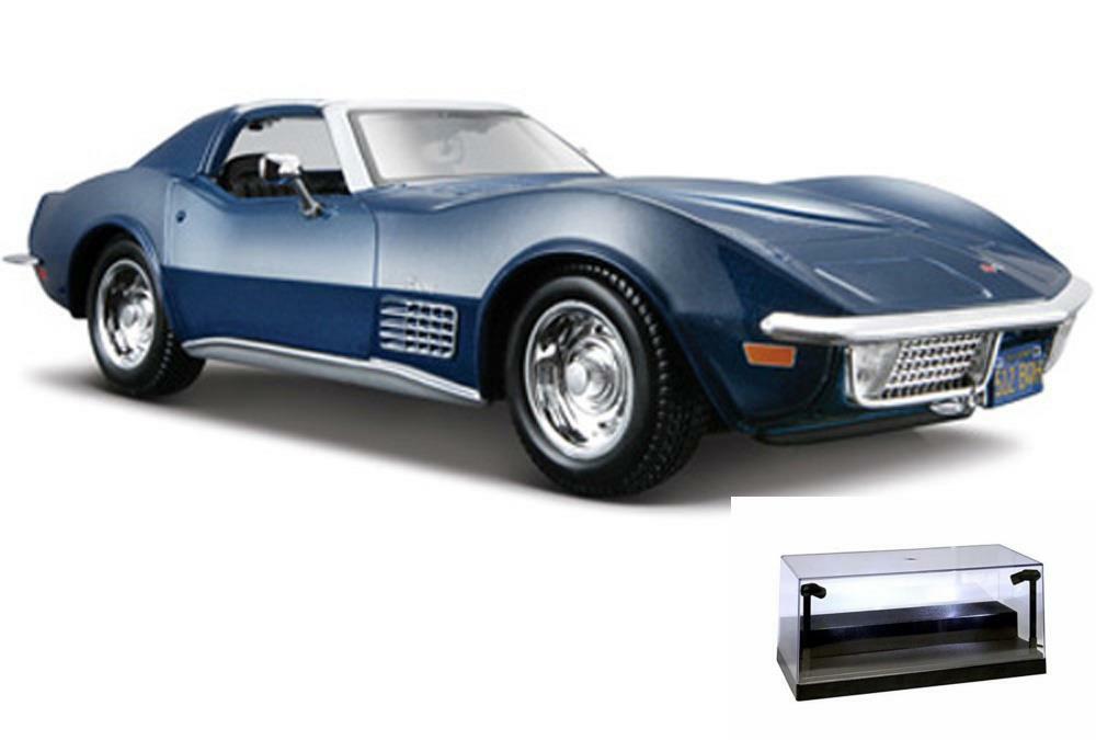 DIECAST CAR W/LED DISPLAY CASE 1970 CHEVY CORVETTE T-TOP BLUE MAISTO 31202 1/24