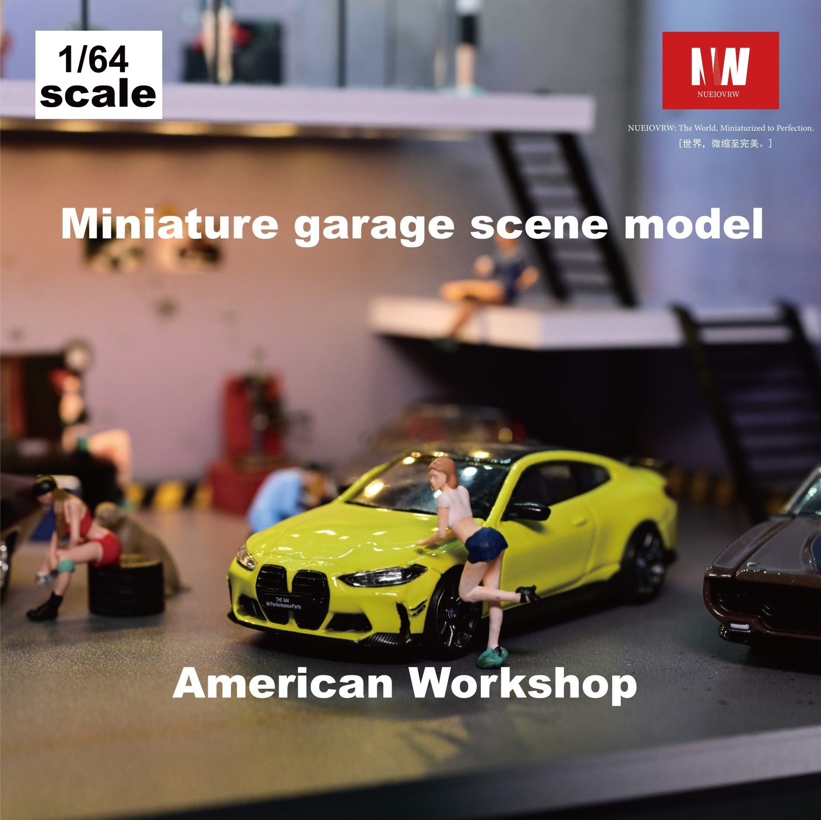 Diorama 1:64 Die-Cast Car Garage Model LED Repair Workshop Scene Display Case US