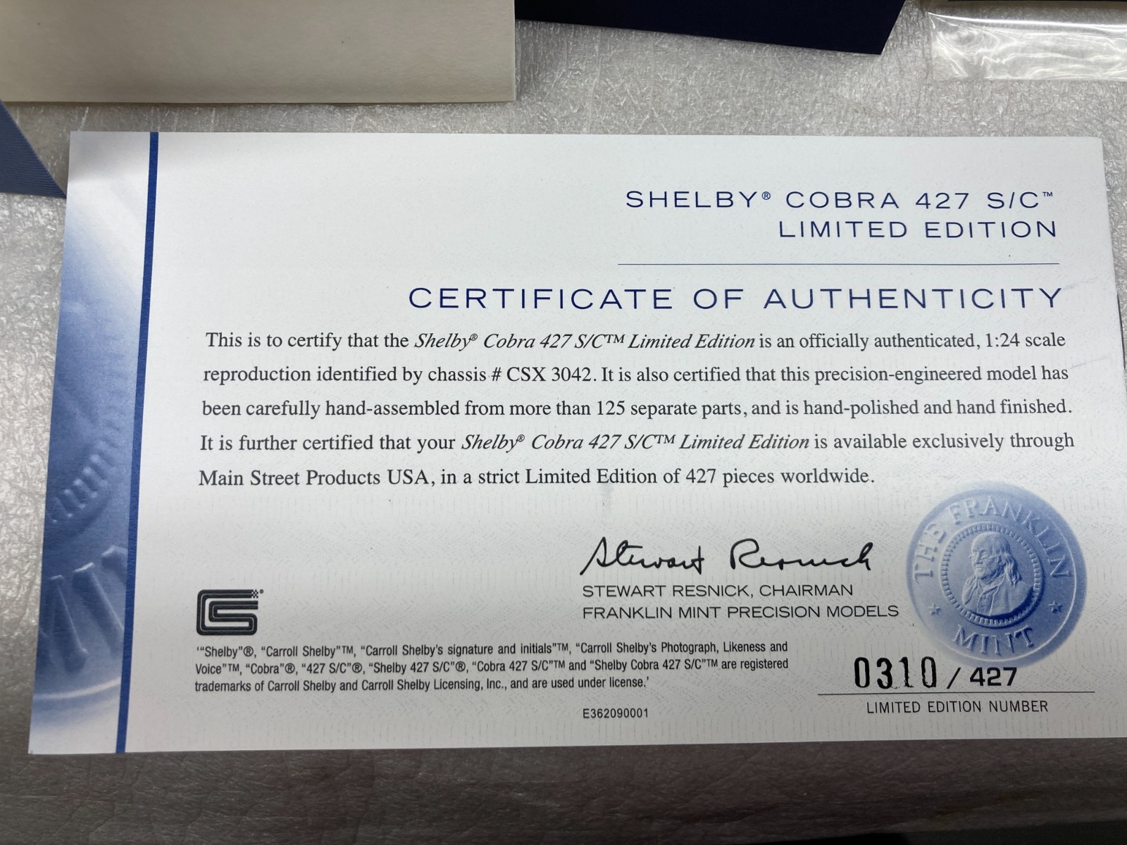 Franklin Mint 1966 Shelby Cobra 427 S/C “Main Street Productions” LE of 427 RARE