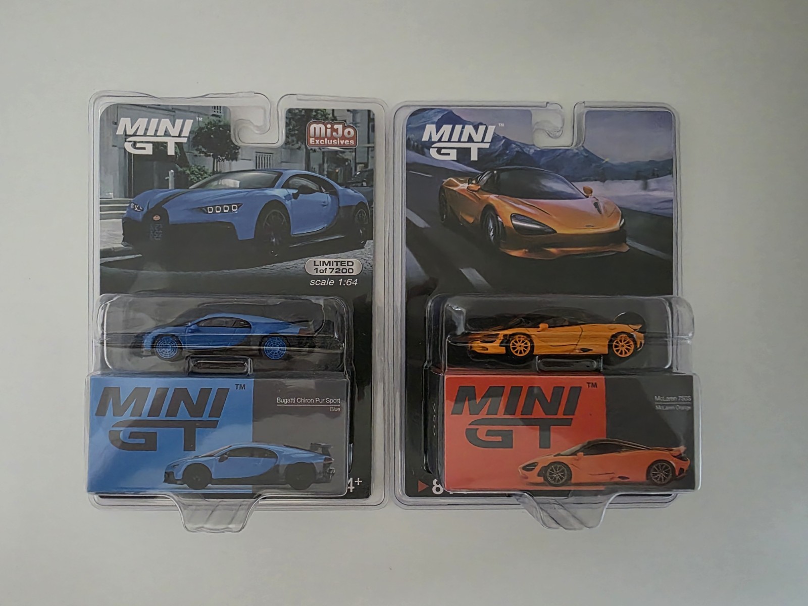 Lot of 2 Chase Mini GT 1:64 Bugatti Chiron Pur Sport Blue Mclaren 750S Orange