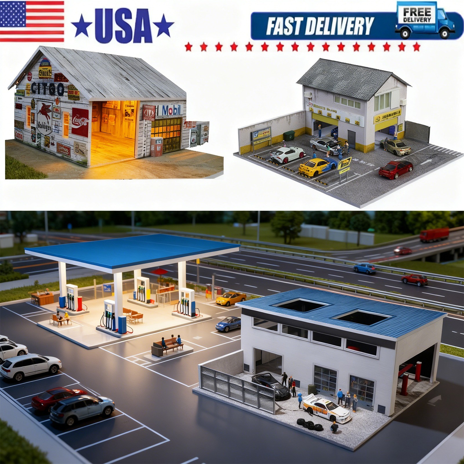 Diorama 1/64 Diecast Car Garage Model LED Street Factory Building Display Toy US