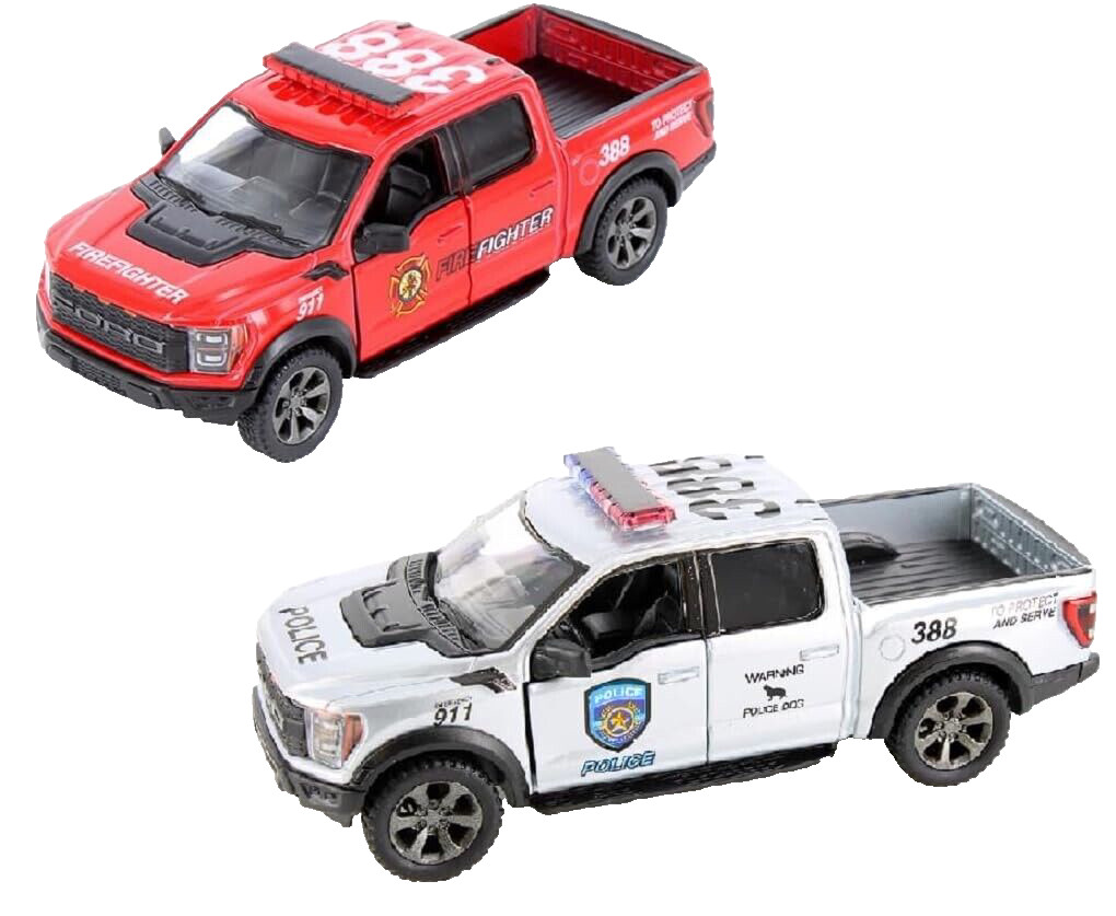2 PC Kinsmart 2022 Ford F-150 Raptor Police/Fire 1:46 Diecast Toy Truck 5 inch