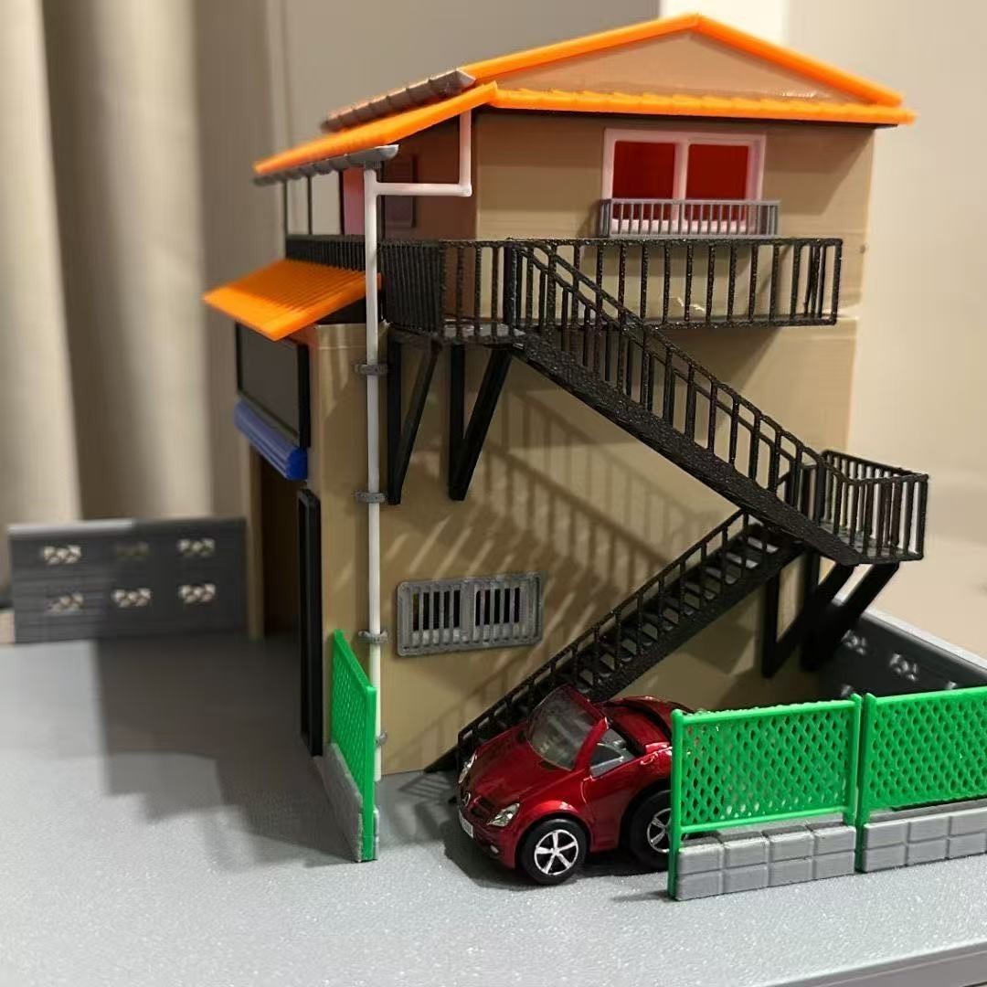 1/64 2-Story House with Garage Yard DIY Assembly Model Diorama Building Kit