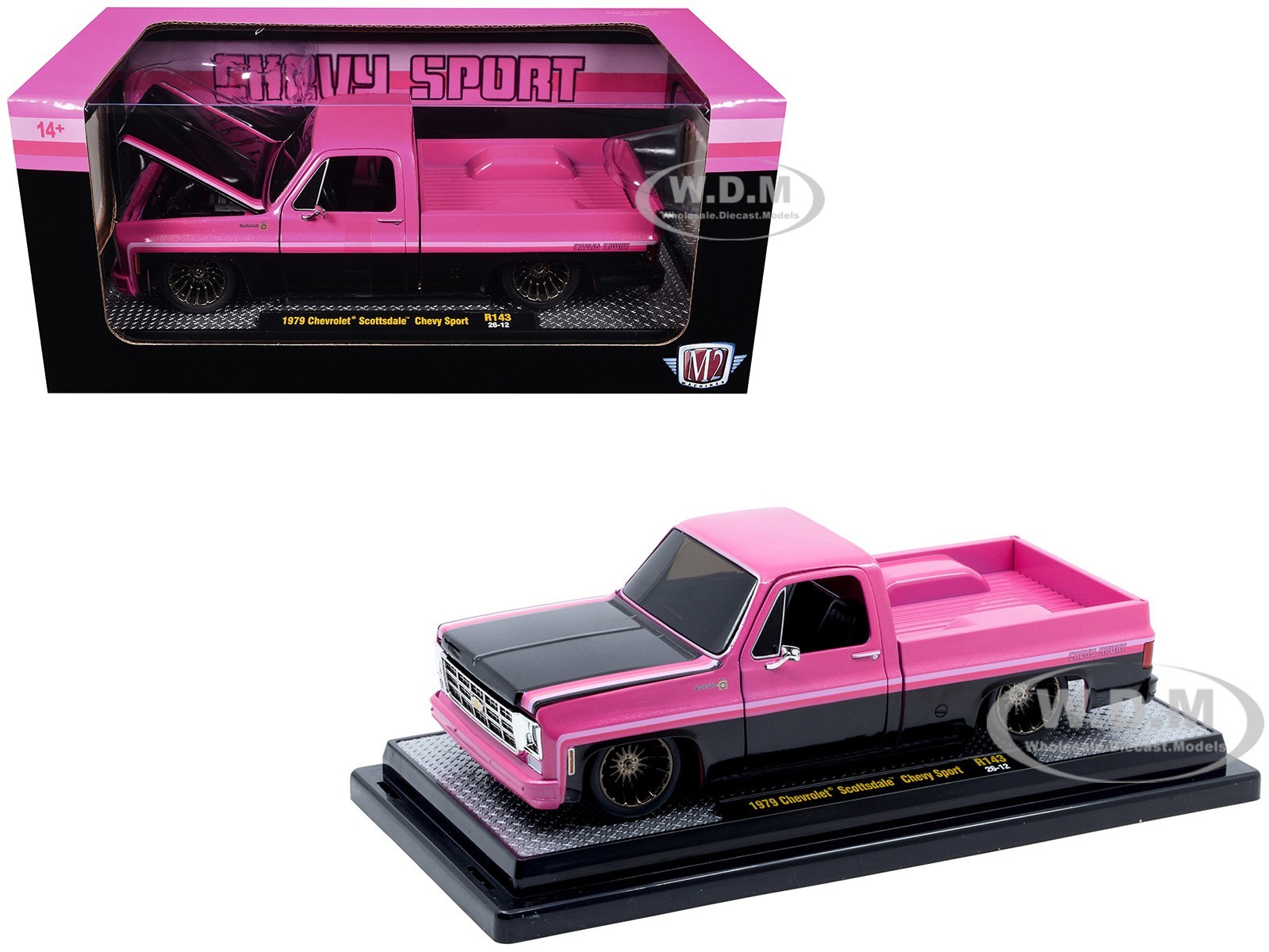 1979 CHEVROLET SCOTTSDALE PICKUP PINK & BLACK 1/24 DIECAST CAR BY M2 40300-143 B