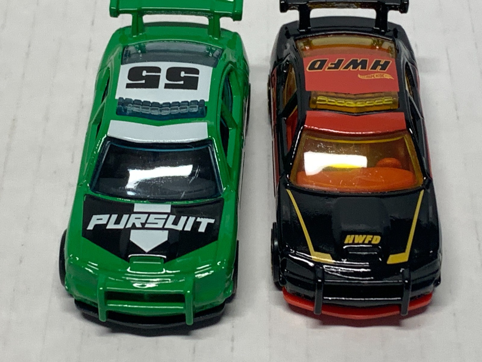 HOT WHEELS DODGE CHARGER PURSUIT X2. 2021 BLACK FIRE DEPT. & 2023 GREEN LOOSE