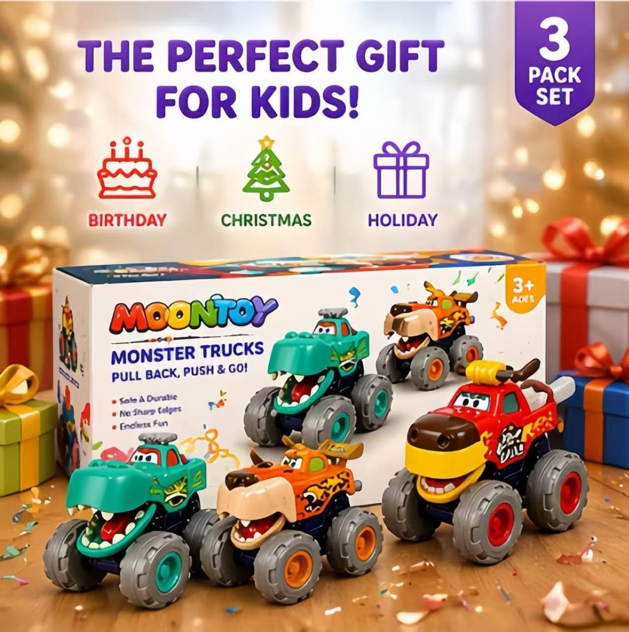 MOONTOY Toy Cars for Toddlers 1-3, 3 Pack Monster Truck Toys for 1 2 3 Year Old
