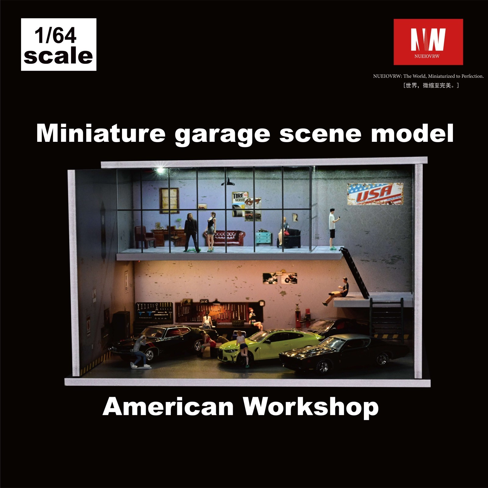 Diorama 1:64 Die-Cast Car Garage Model LED Repair Workshop Scene Display Case US