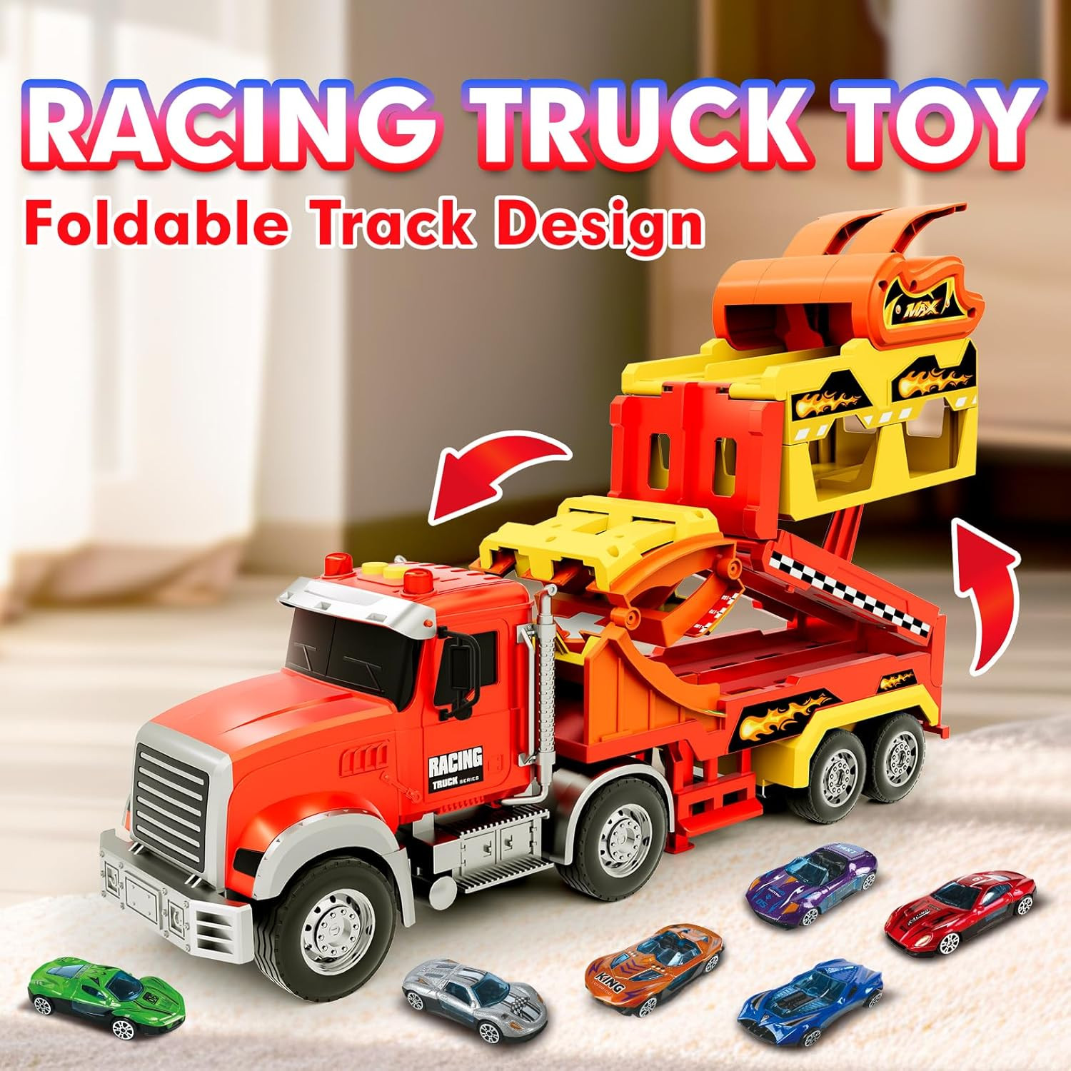 Truck Car Toys for 3, 4, 5, 6, 7, 8 Years Old Kids, Carrier Truck Race Track Toy