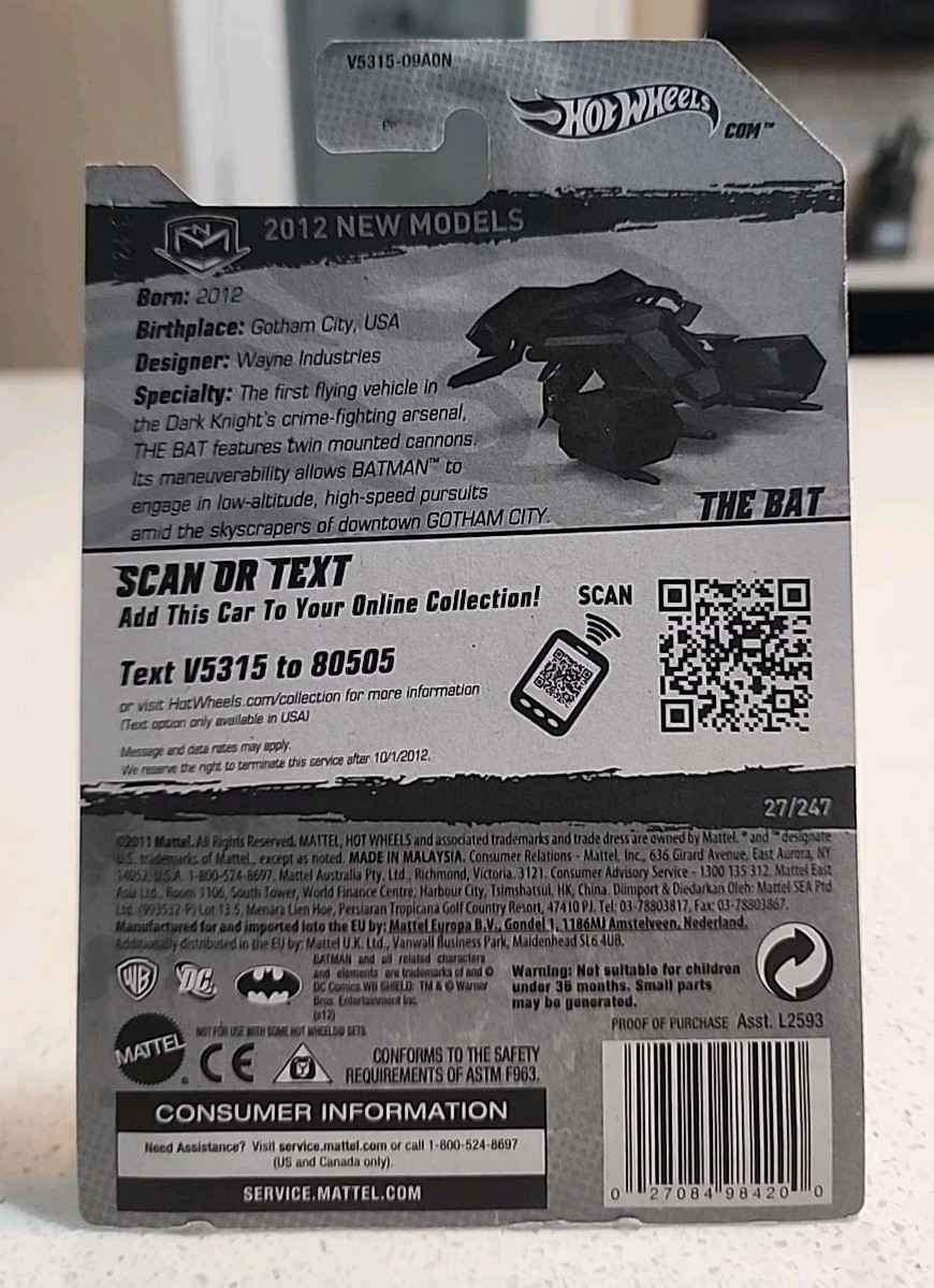 Mattel Hot Wheels The Bat The Dark Knight Rises 2012 HW Premiere – V5315 MISB