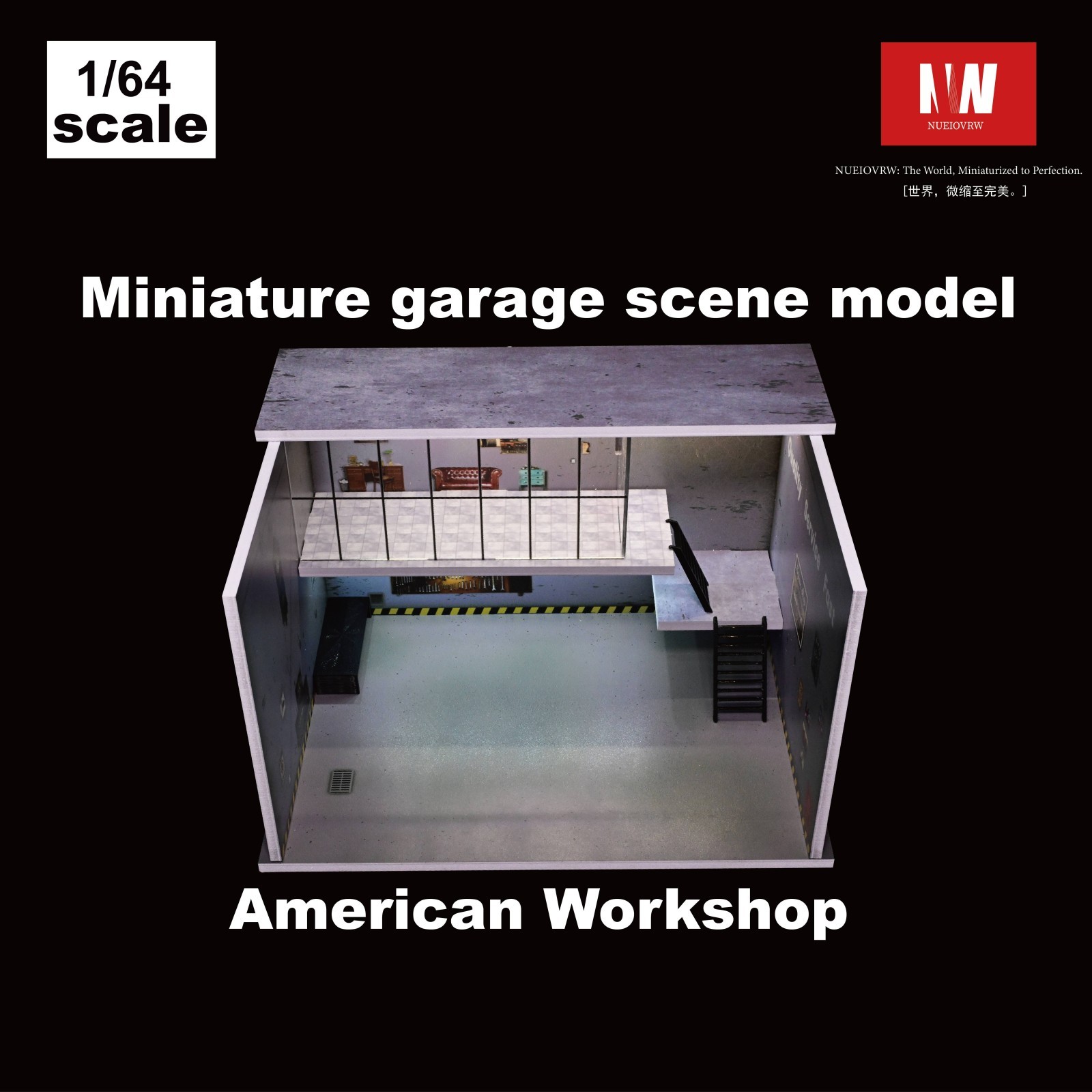 Diorama 1:64 Die-Cast Car Garage Model LED Repair Workshop Scene Display Case US