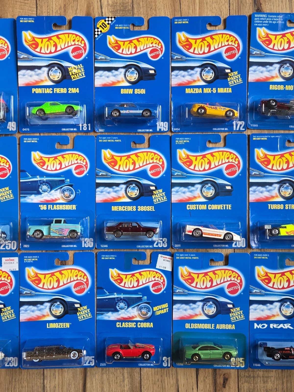 Hot Wheels Lot Of 15 Blue Cards, Pontiac, BMW, Olds, Cobra, Chevy, Mazda, 380SEL