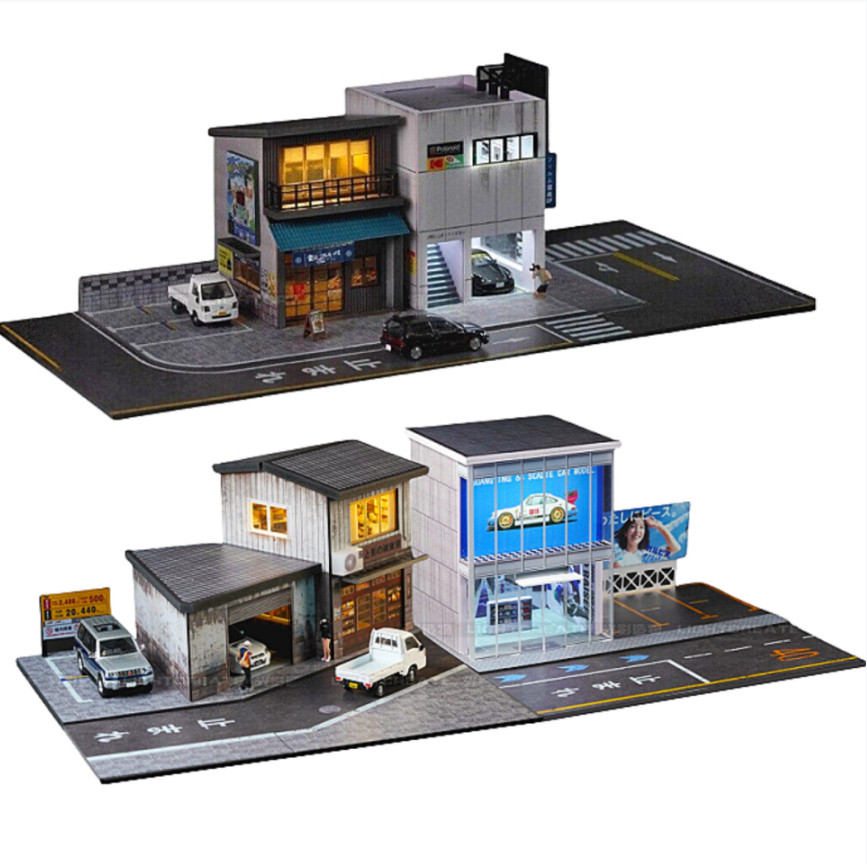 Diorama 1/64 Garage Model LED Lighting Gas Station Scene Display Case Gift