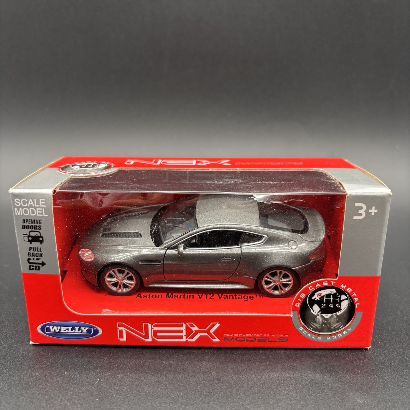 Welly Aston Martin Vantage V12 Grey 1:43 Scale Die Cast Model in Box, Pull-Back