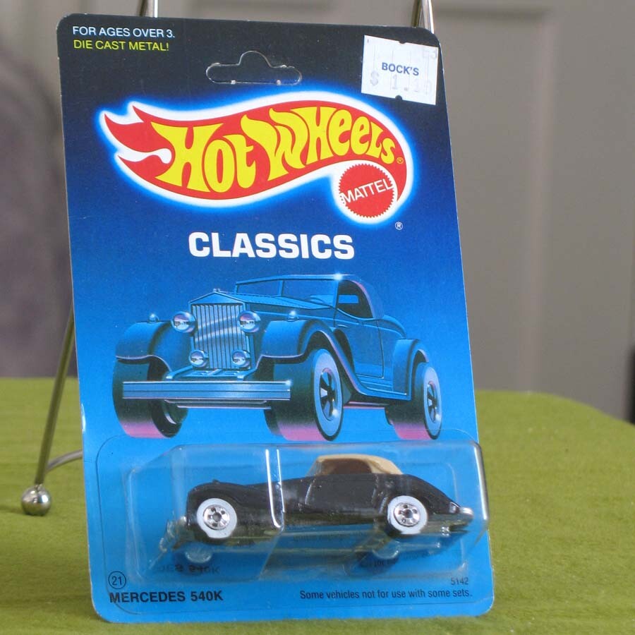 1987 Hot Wheels Black Mercedes 540K w/ White Walls Classics Mint Unpunched Card
