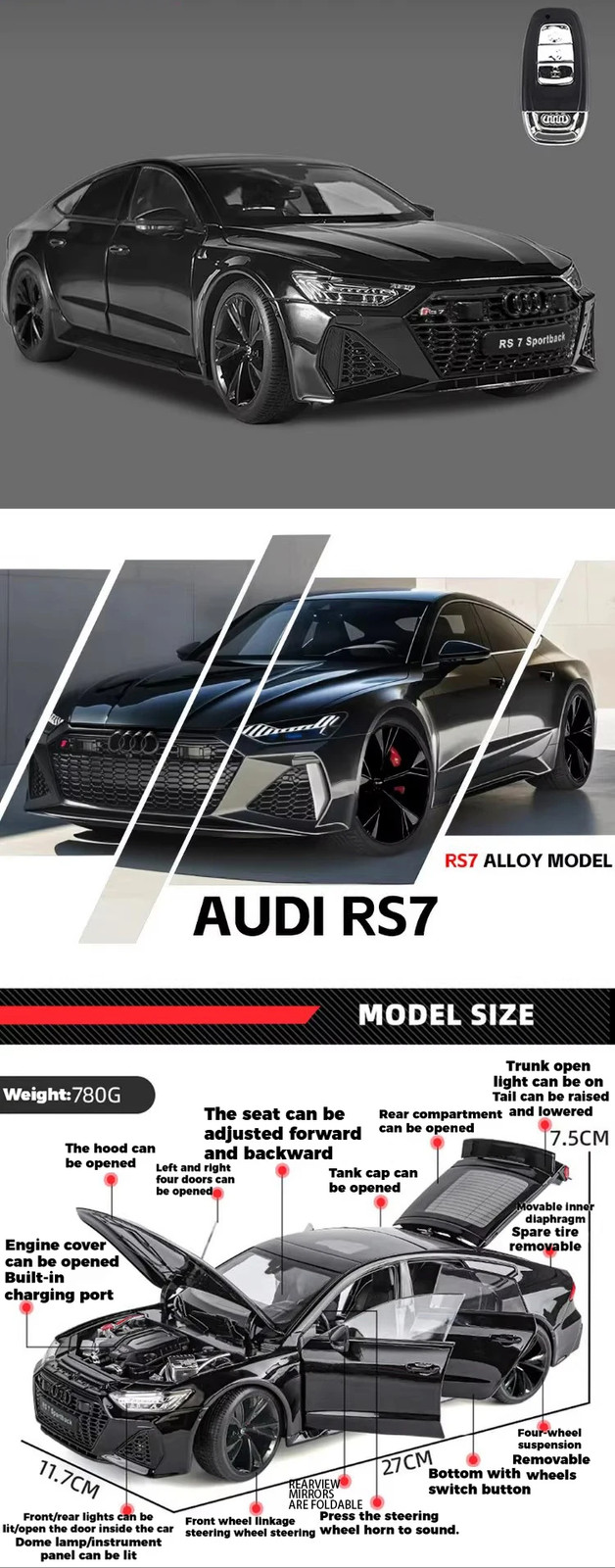 1:18 Audi RS7 Sportback Alloy Diecast Model Car Collectible Miniature Toy Birthd
