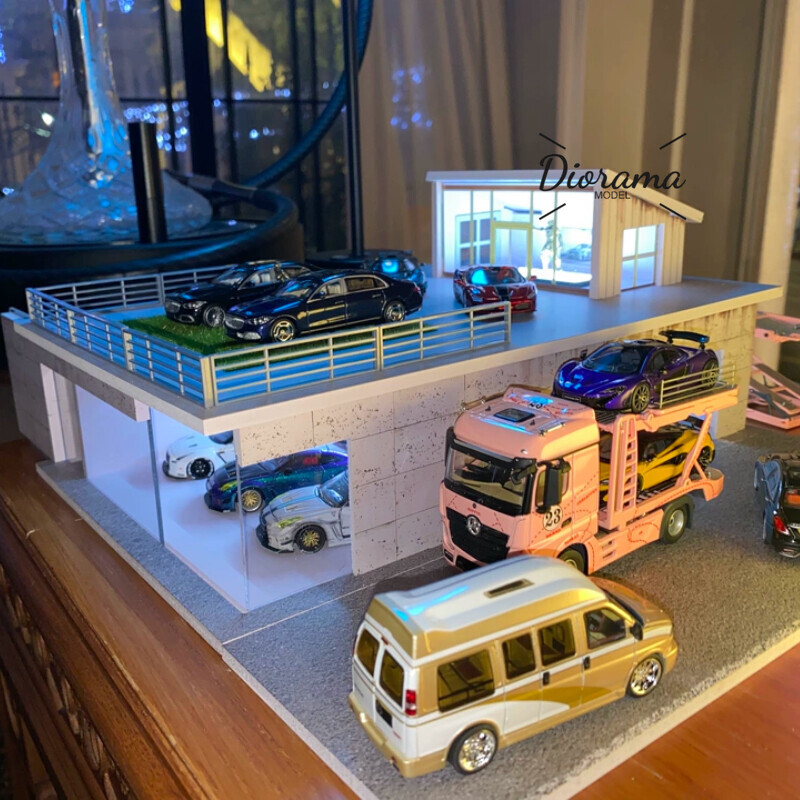 Diorama 1:64 Car Garage Model LED Lighting Sunroom Assembly Scene Building Model