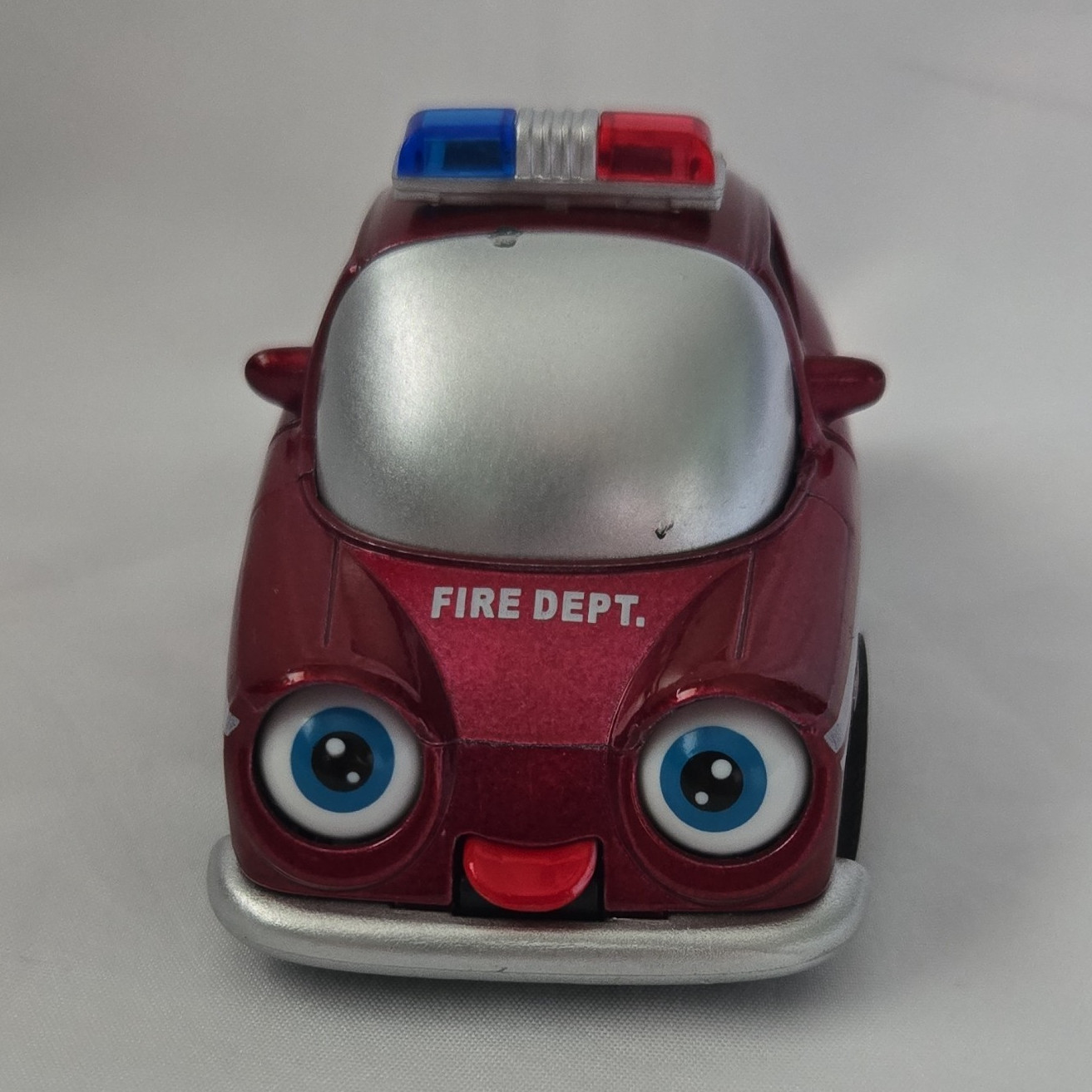 Fire Dept Diecast-Style Car Red/Silver w/ Light Bar, Opening Doors Moving Eyes