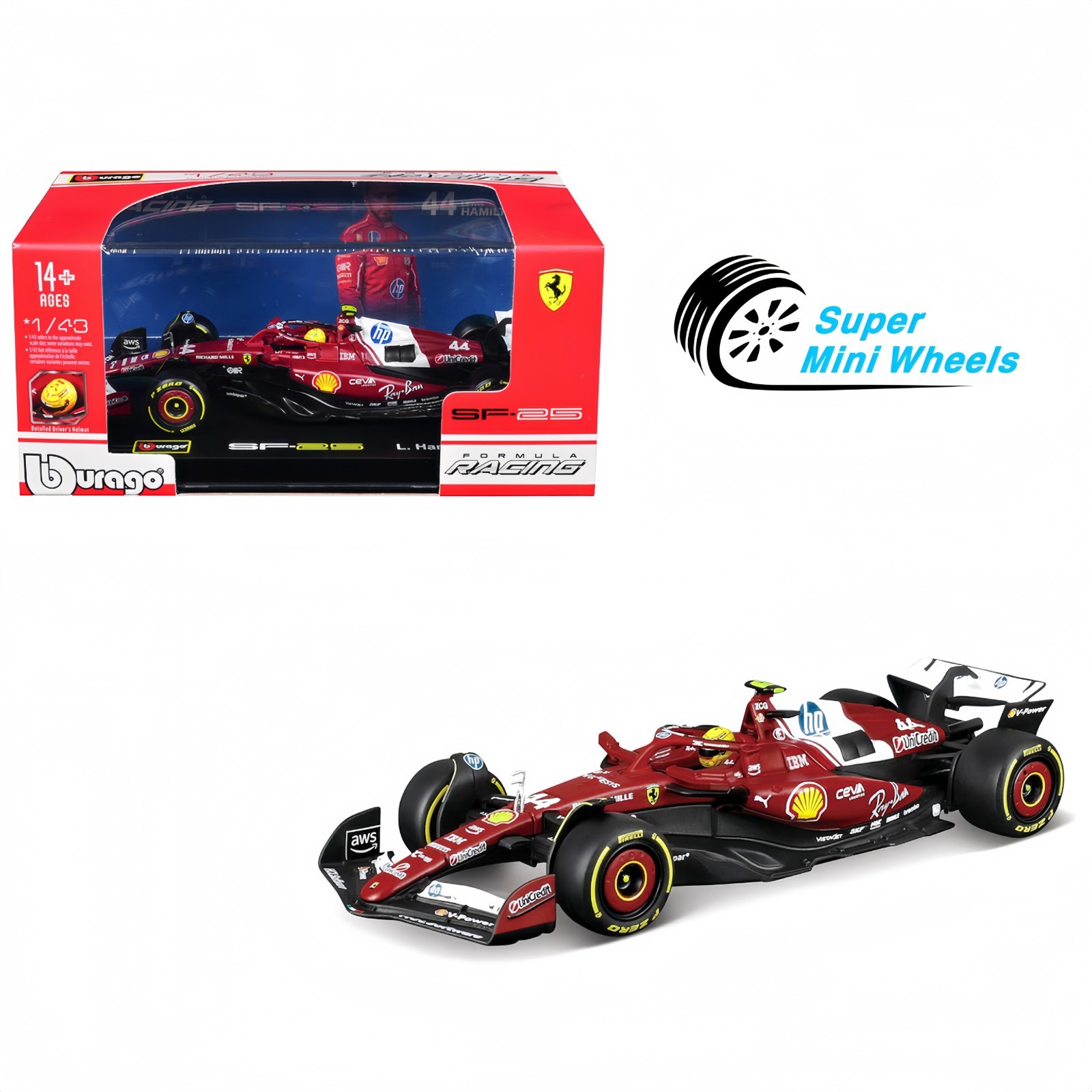 Bburago 1:43 F1 Ferrari SF-25 #44 Lewis Hamilton with Display Case 36852LH
